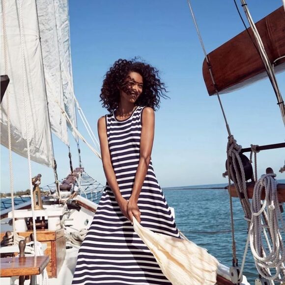 J. CREW Nwot High Low cotton Striped Maxi Dress | Navy & White Size S - Picture 2 of 6